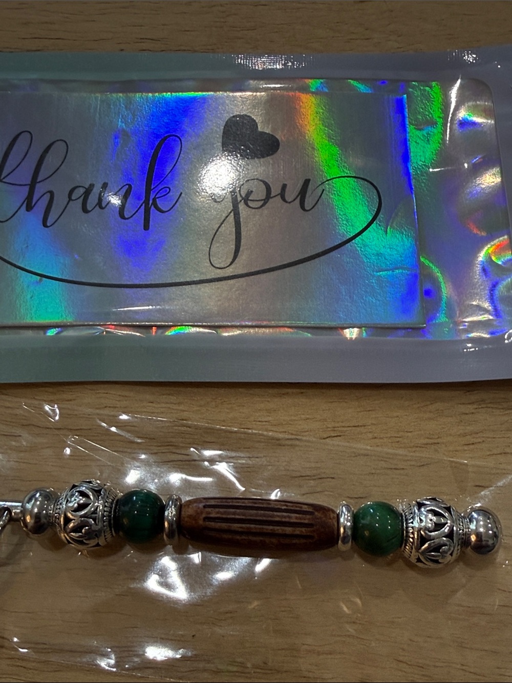 Wood Bead Keychain with Green Stone Accents - Picture 2 of 7